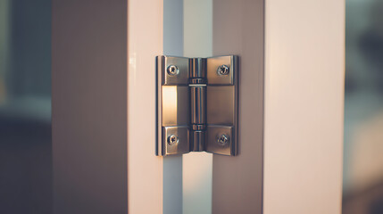 Close-up of a brushed metal door hinge, secured with screws, blending function with a subtle aesthetic. The neutral backdrop enhances focus on its simple design.
