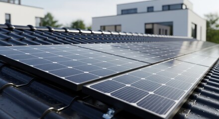 Solar panels installed on the rooftop of a modern home in residential area