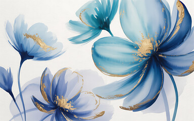Soft blue watercolor flowers with gold highlights floral