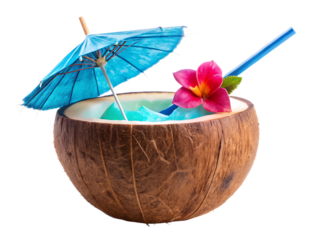 Refreshing blue tropical cocktail served in a natural coconut shell with a pink straw and umbrella isolated on white background, PNG. AI Generated