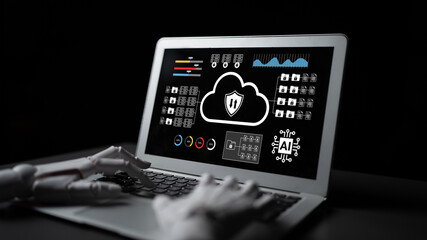 A futuristic view of a laptop screen with cybersecurity visuals, showcasing robotic hands interacting with digital data elements. Ideal for tech-related themes. Gantry