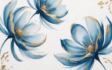 Abstract Blue Flowers with Gilded Edges on White floral