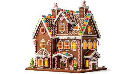 Obraz premium Elaborate illuminated gingerbread house creation decorated with colorful candies and icing