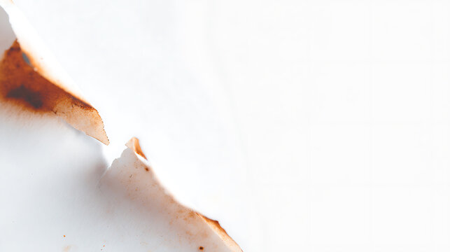 Abstract fragment showcases torn paper edges with burn marks on a white backdrop, highlighting texture and detail, creating minimalist composition. Delicate, yet impactful.