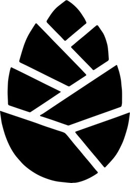 A modern, geometric solid black silhouette of a pinecone.