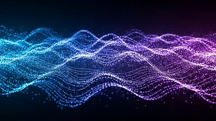 Abstract digital waves of glowing particles in blue and purple gradient on dark background