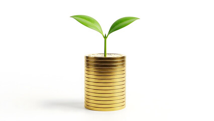 Sustainable financial growth: green plant sprouting from golden coin stack, investment and wealth concept