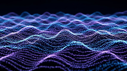 Abstract glowing particle waves. Digital data flow background with blue and purple light ripples.