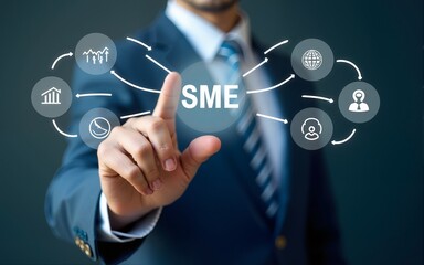 SME Business Growth and Development Concept. Businessman points to an icon "SME" with various business-related icons, symbolizing growth, strategy, and success of small and medium-sized enterprises.