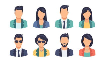 A comprehensive set of modern, flat design professional user avatars and diverse business people icons, ideal for digital profiles, social networks, and corporate team representations