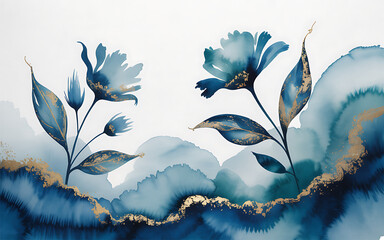 Abstract Blue and Gold Floral Landscape Watercolor