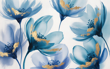 Collection of Blue and Gold Watercolor Flowers abstract