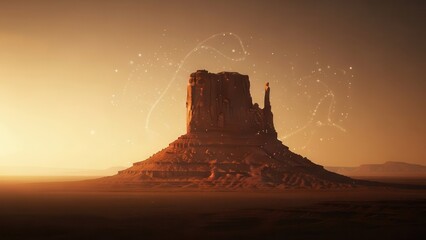 Dramatic sunset over monument valley mesa with abstract glowing particles and light trails in the desert landscape, cinematic digital art