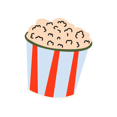 Striped bucket of salty popcorn in cartoon doodle style. Cinema food, snack pack, fast food, movie theater concept. Vector illustration isolated on white background