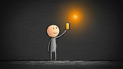 The image depicts a cartoon figure holding up a glowing rectangular object (likely a phone or tablet) towards a bright, circular light source