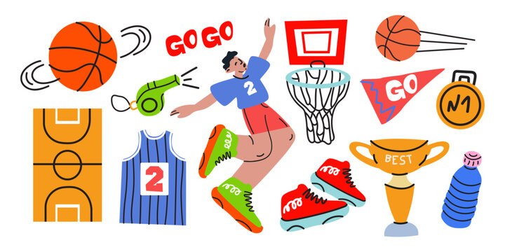 Basketball stickers in cartoon retro style. Sports equipment, ball, water bottle, basketball court, sneakers, basketball player, trophy, jersey. Sports groovy elements. Healthy lifestyle concept