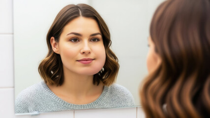 Face with swollen jaw, woman examining reflection in bathroom mirror, health concern and self-care awareness