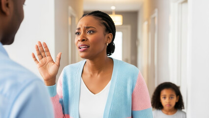 Couple arguing while child watches, mother expressing frustration during conflict in home hallway, family stress and parenting challenges in domestic situation