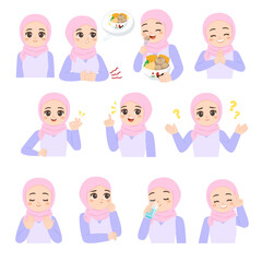 Cute hijab woman character daily life poses, eating food, thinking, confused, happy.