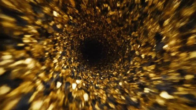 Abstract Golden Tunnel Vortex With Particles And Light Streaks In Motion And Zoom Effect