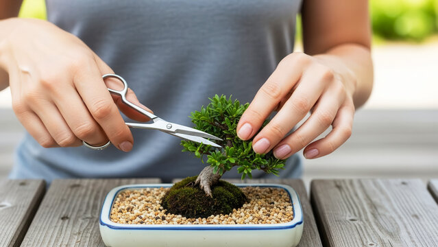 Woman trimming bonsai tree on wooden terrace, gardening and plant care - Powered by Adobe
