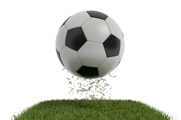 A soccer ball suspended in the air above a patch of grass, with grass clippings flying