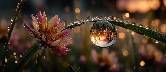 Dewdrop reflects sunset scene on a blade of grass, next to a pink flower