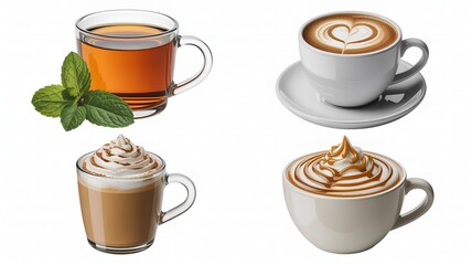 Four delicious hot beverages: tea, latte, mocha, and caramel coffee