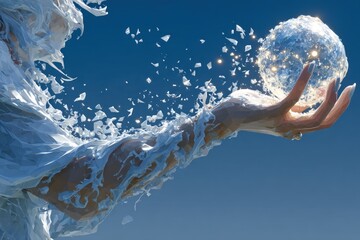 Abstract digital art of a hand holding a shattering sphere