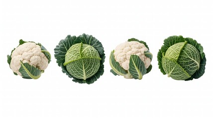 Four fresh vegetables: cauliflower and cabbage on a white background