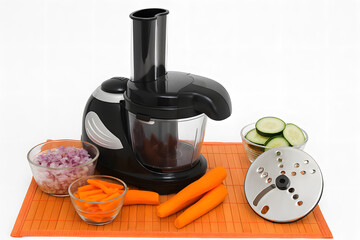 Food processor setup displayed with stainless steel bowl and attachments ideal for kitchen appliance advertising cooking preparation and modern culinary workflow visuals