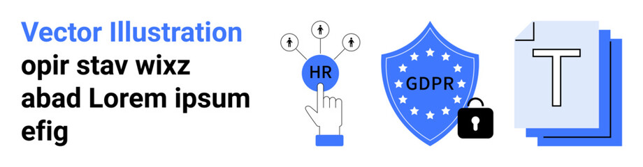Data privacy, HR tools, GDPR compliance, security protocols, information management, document workflow. Hand points to HR icon, shield with GDPR stars lock documents. HR tools and GDPR compliance