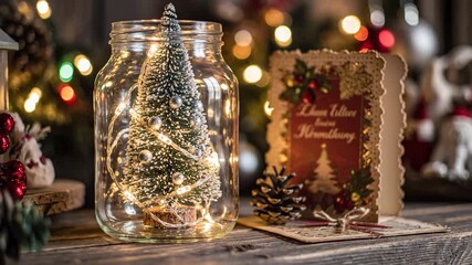 Christmas tree and greeting card in jar with decorative lights