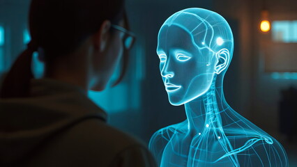 An artificial intelligence hologram talks to a girl indoors