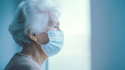 An elderly lady stands by the window wearing a mask, embodying the solitude and protection in an era of health crises. The gentle light adds to the somber, reflective scene.