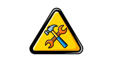 Warning Sign Indicating Construction Tools: Hammer and Wrench Crossed, Yellow Background