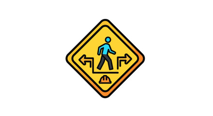 Warning Sign Indicating Construction Zone Roadwork Ahead, Showing Pedestrian Crossing