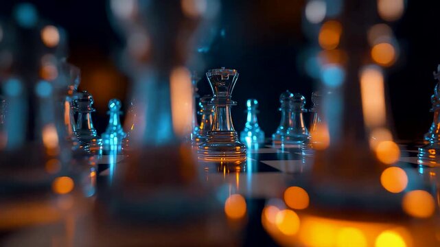 Glass chess pieces arranged on reflective board with warm golden and cool blue lighting creating dramatic strategy focused tabletop game scene
