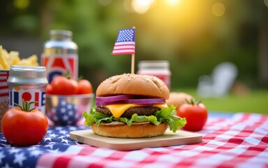 Happy family Independence Day celebration backyard BBQ. Festive red white blue decorations set for summer holiday picnic party. Delicious burger, fresh tomatoes, American flag on table. Sunny outdoor