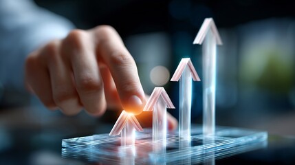 Conceptual image of a hand interacting with a 3D digital display featuring glowing upward arrows, symbolizing business growth and financial progress in a modern environment.