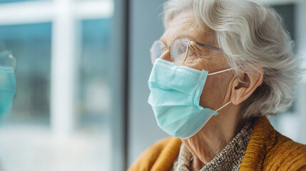 A thoughtful senior woman wearing a face mask gazes out of a bright window, a symbol of resilience, safety, and reflection during challenging times.