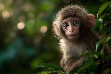 Close-up of a playful infant monkey with a gentle, expressive gaze