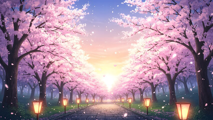 Blossom Path at Dawn: An ethereal path, framed by blossoming cherry trees, leading towards a radiant dawn, invites serenity and celebrates new beginnings. Capture of a spring awakening.