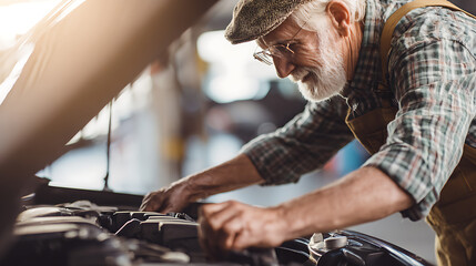An elderly man in a cap and glasses leans over a car engine, his hands working diligently. He's dressed in a plaid shirt with an apron, focused on automotive repair.