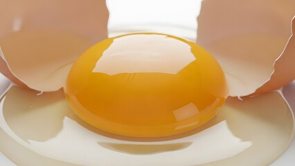 Close up of a raw egg cracked open with the glossy golden yolk.
