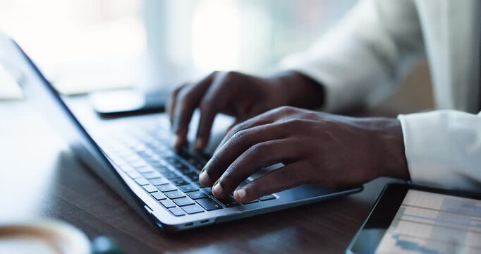 Hands, business and man with laptop in office for research, data entry and insurance report. Person, typing and tech for claims process application, policy renewal and customer portfolio for coverage