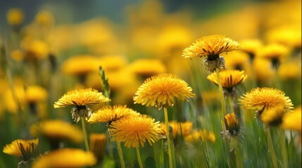 Fototapeta premium Close-up of bright yellow dandelion flowers in a sunlit meadow