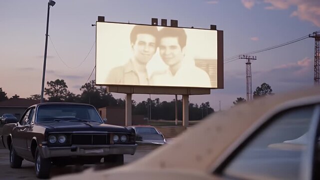 Nostalgic drive-in movie theater scene with classic cars under the evening sky