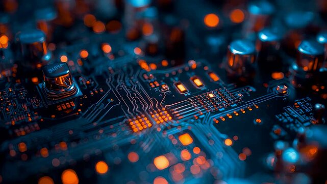 Illuminated microchip circuitry with glowing components and intricate electronic pathways showcasing advanced computing hardware and precision technology