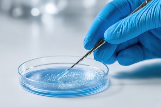 Close-up of gloved hand streaking a Petri dish with an inoculation loop on a white background